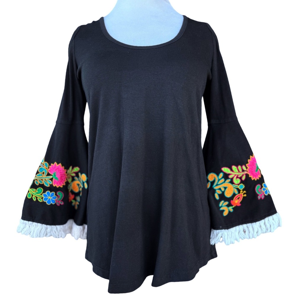 Vava by Joy Han Black Embroidered Cold Shoulde Top Fringe Bell Sleeve Boho Small